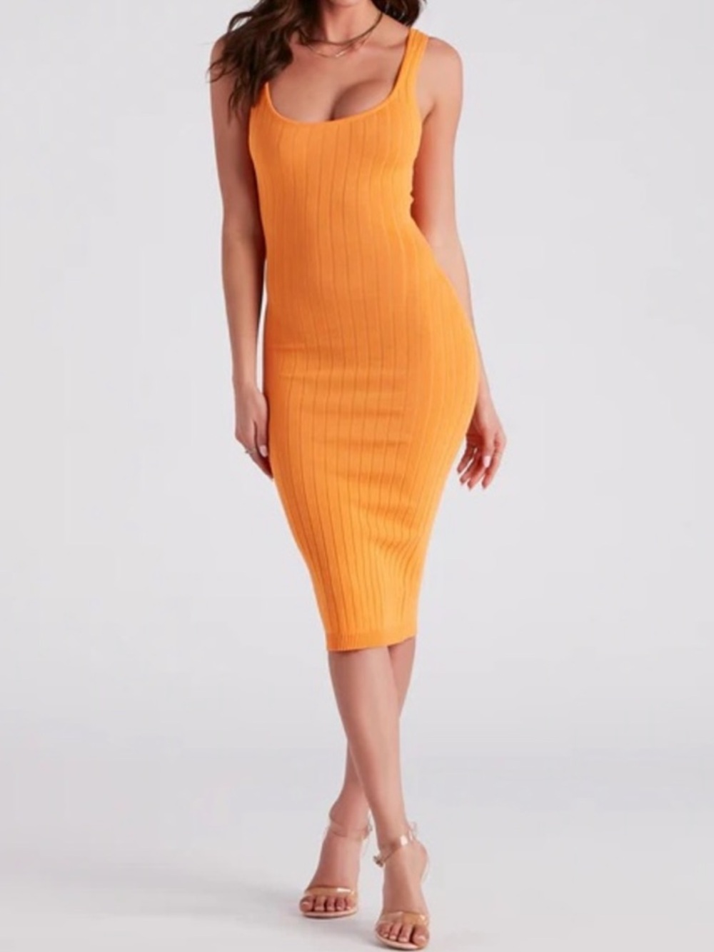Winsor Sleeveless Rib-Knit Bodycon Midi Dress in Vibrant Orange. Size M